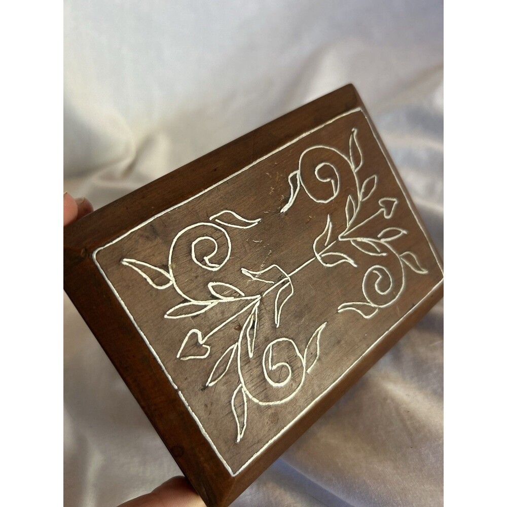Vintage Rosewood Wooden Tarkashi Wire Metal Inlay Trinket Box Jewelry